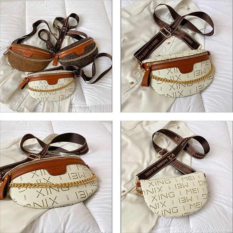 Letter Printed PU Leather Chain Waist Bag for Women Fanny Pack