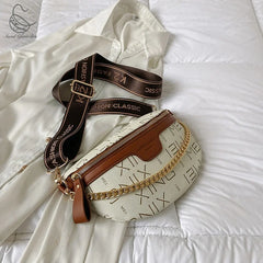 Letter Printed PU Leather Chain Waist Bag for Women Fanny Pack