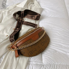 Letter Printed PU Leather Chain Waist Bag for Women Fanny Pack