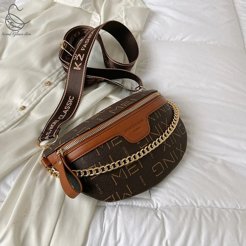 Letter Printed PU Leather Chain Waist Bag for Women Fanny Pack