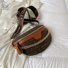 Letter Printed PU Leather Chain Waist Bag for Women Fanny Pack