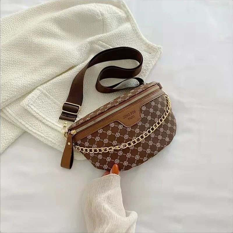 Plaid PU Leather Chain Waist Bag Women Fanny Pack