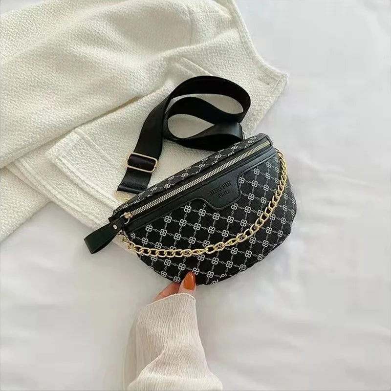 Plaid PU Leather Chain Waist Bag Women Fanny Pack