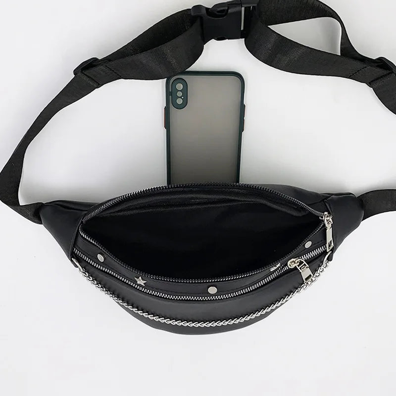 Rivet Chain Waist Bags PU Leather Fanny Pack Female Waist Pack