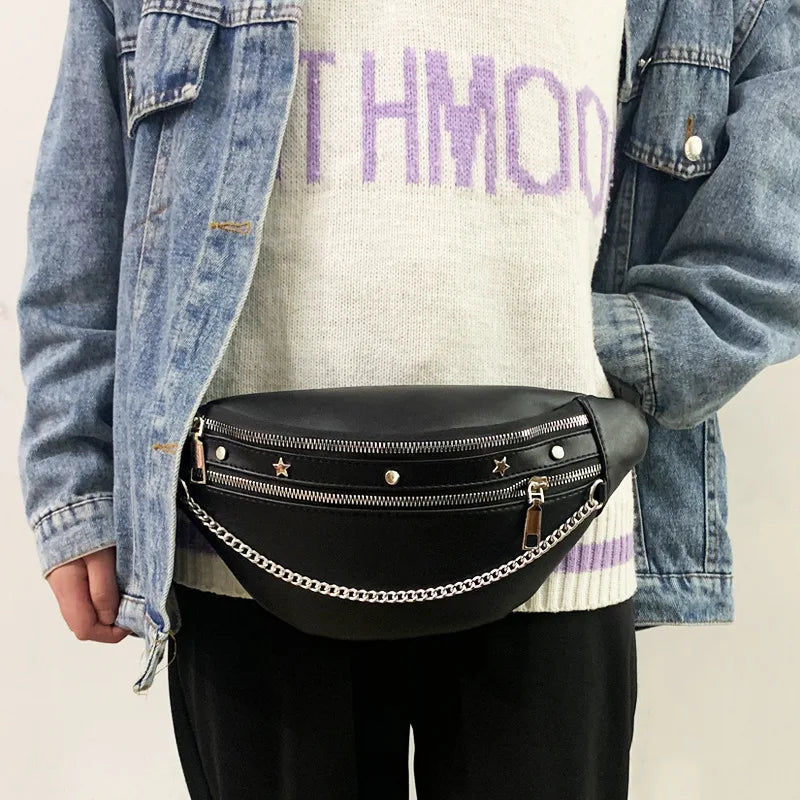 Rivet Chain Waist Bags PU Leather Fanny Pack Female Waist Pack