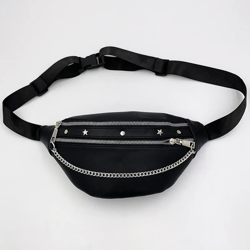 Rivet Chain Waist Bags PU Leather Fanny Pack Female Waist Pack