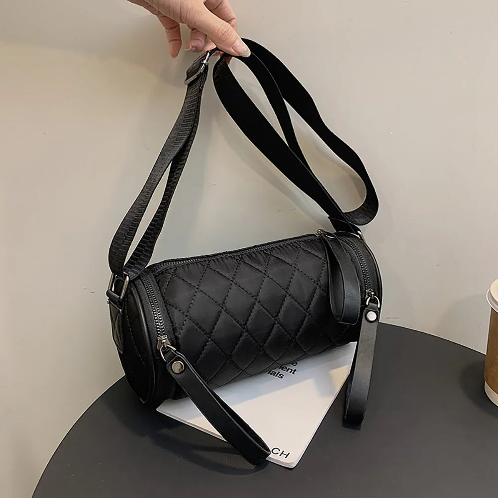 Women Diamond Lattice Crossbody Cylinder Bag Zipper Handbags