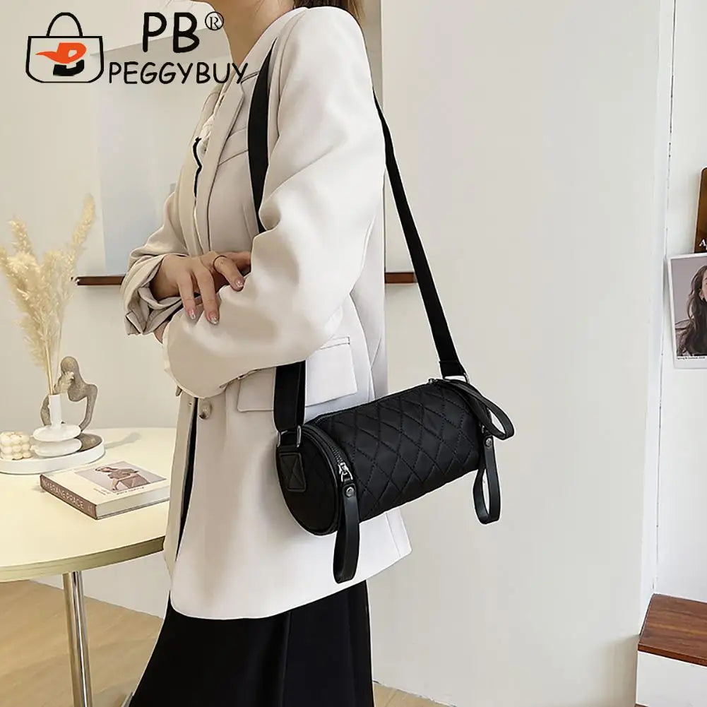 Women Diamond Lattice Crossbody Cylinder Bag Zipper Handbags