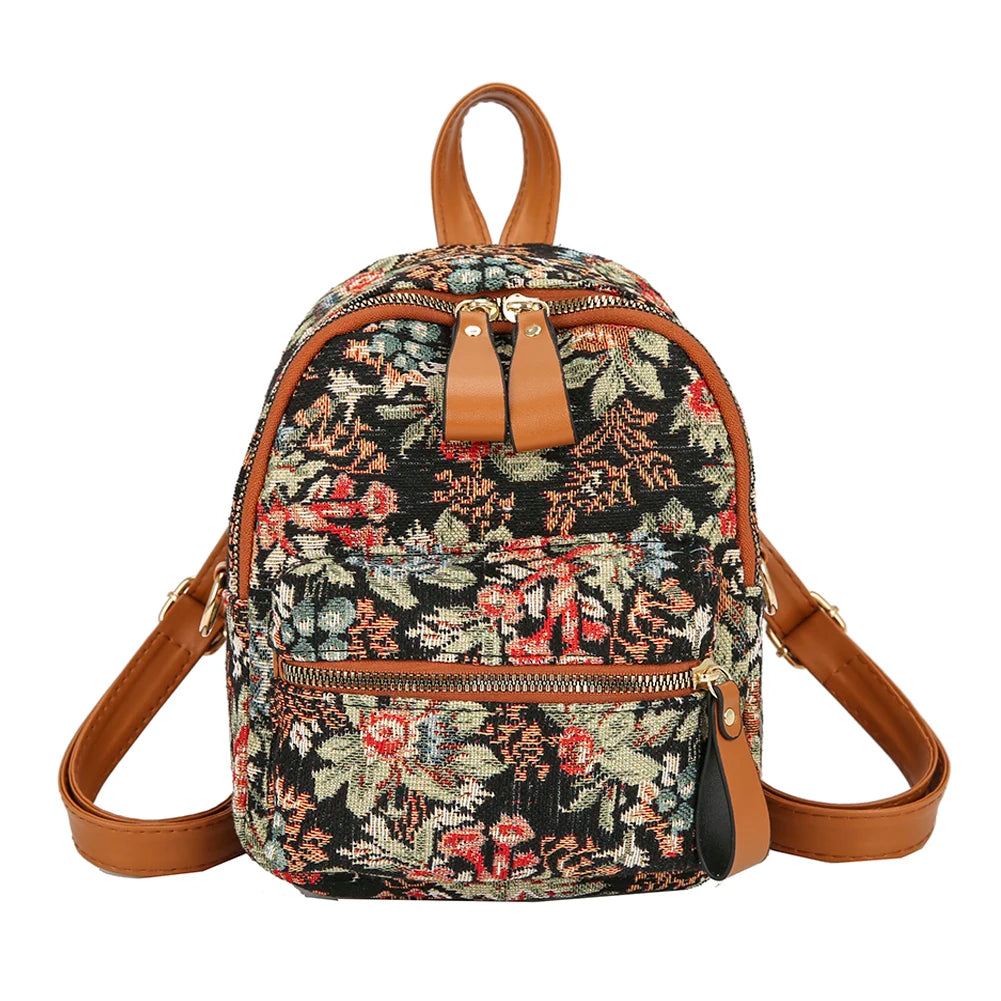 Flower Printing Canvas Rucksack Preppy Style Casual Students Mini Zipper