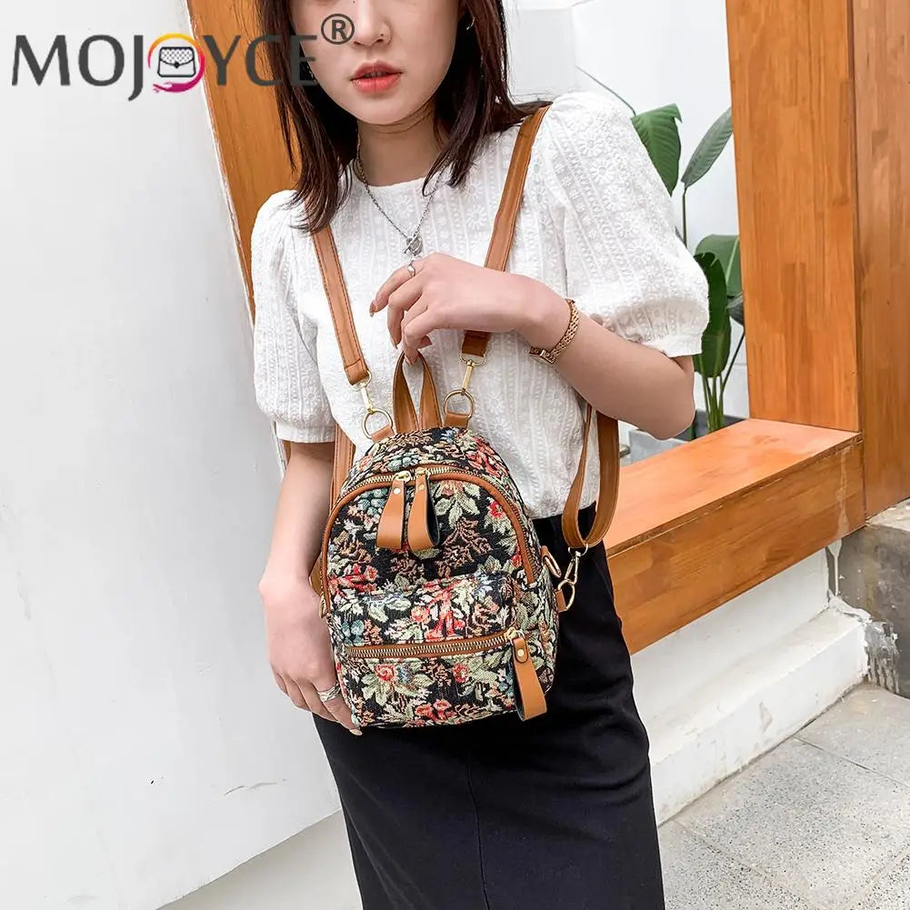 Flower Printing Canvas Rucksack Preppy Style Casual Students Mini Zipper