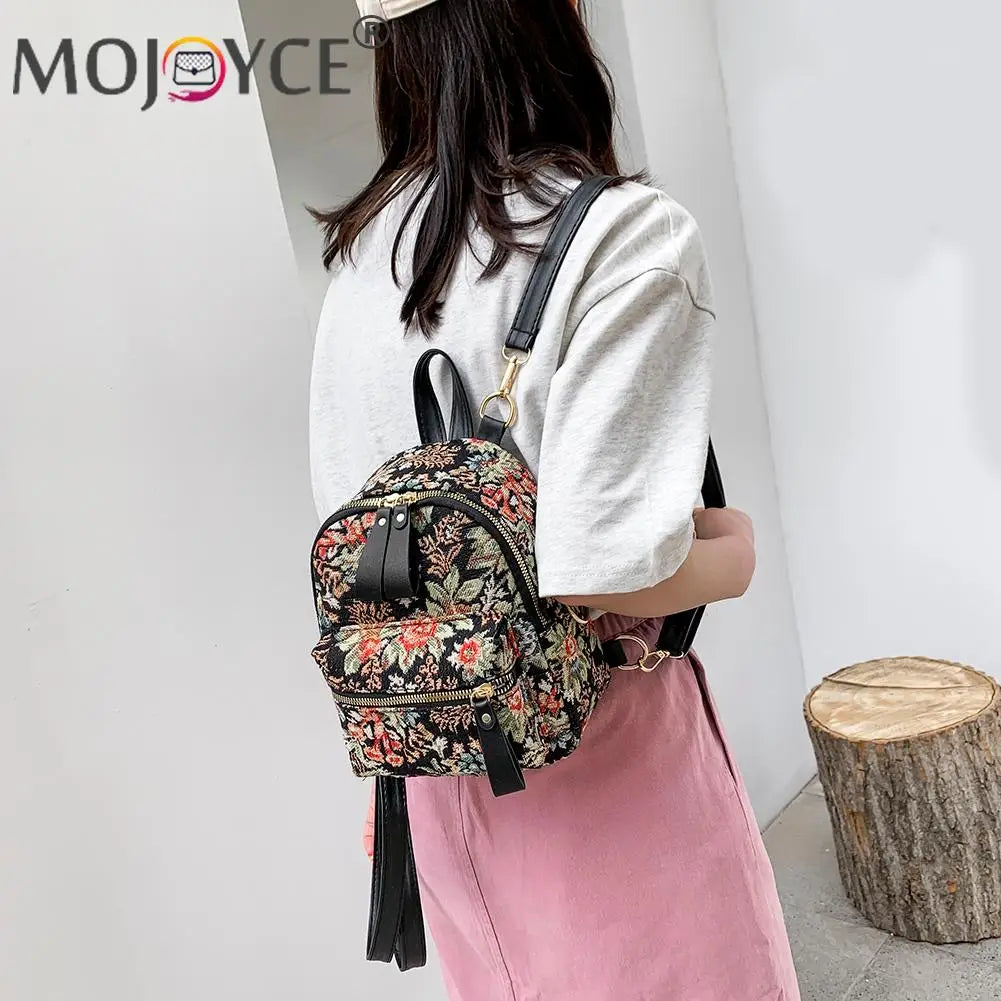 Flower Printing Canvas Rucksack Preppy Style Casual Students Mini Zipper