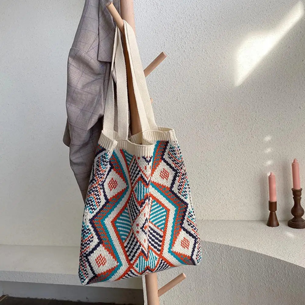 Ethnic Style Woven Shoulder Bag Lightweight Tote Handbag