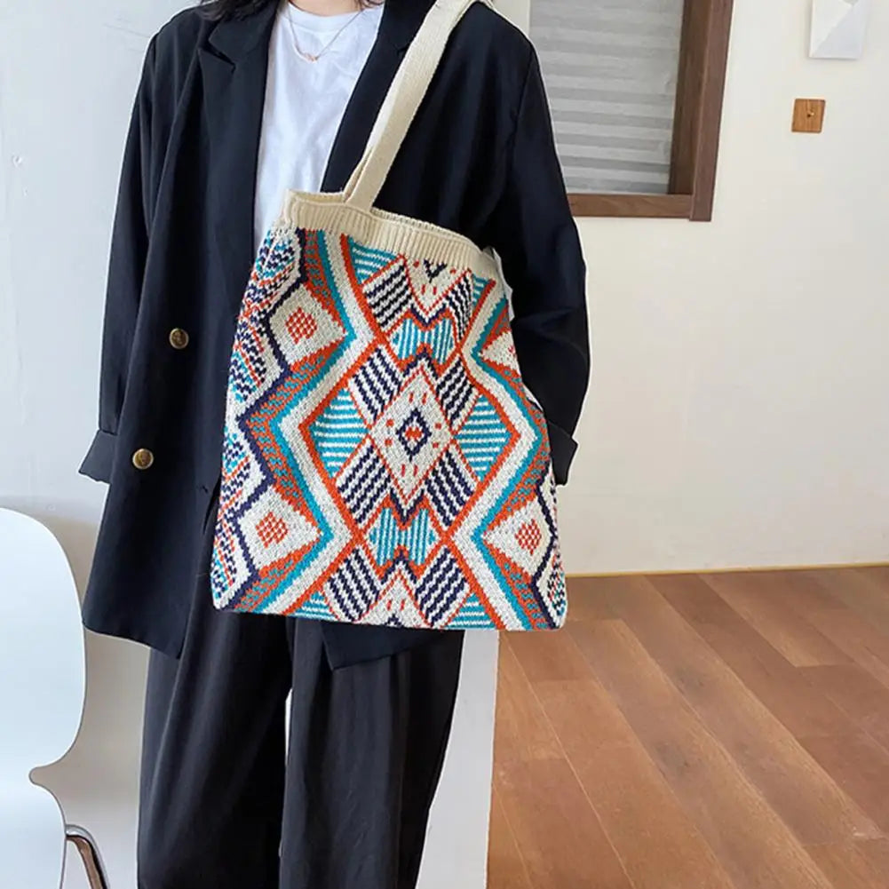 Ethnic Style Woven Shoulder Bag Lightweight Tote Handbag