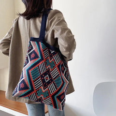 Ethnic Style Woven Shoulder Bag Lightweight Tote Handbag