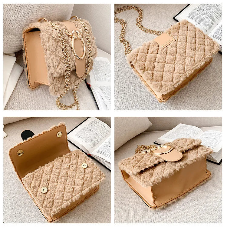 Chic Deer Head Plush Crossbody Bag with Chain Strap