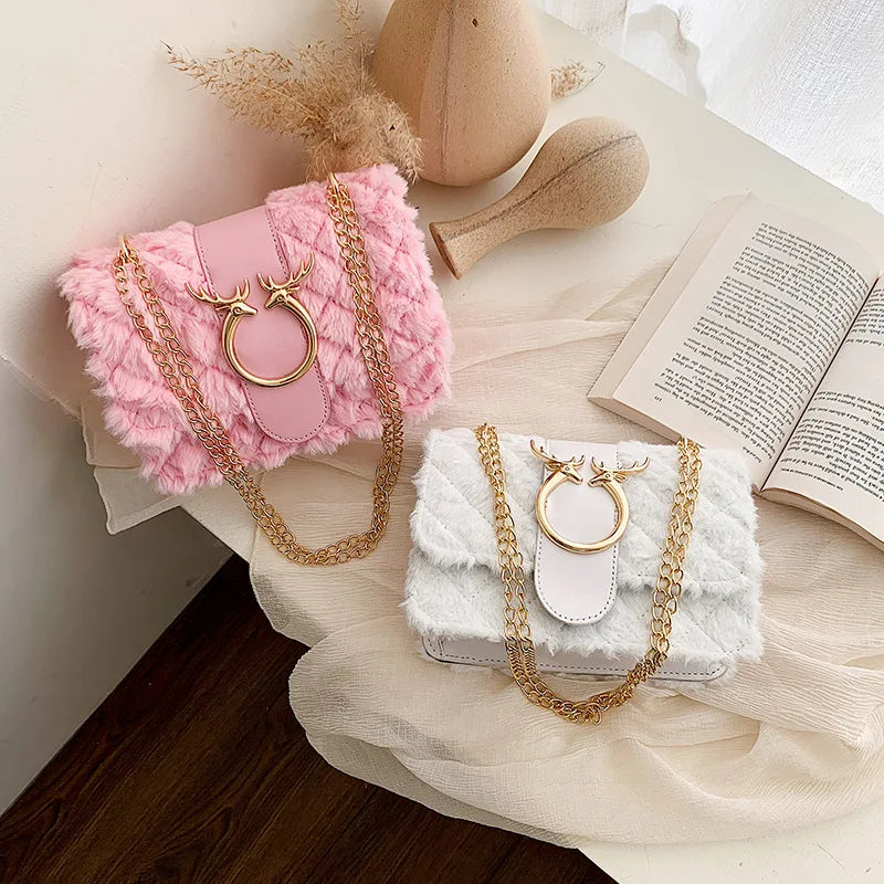 Chic Deer Head Plush Crossbody Bag with Chain Strap