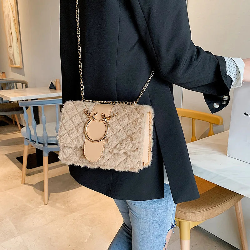 Chic Deer Head Plush Crossbody Bag with Chain Strap