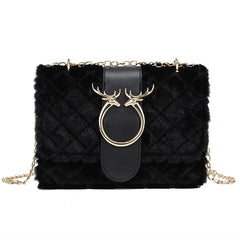 Chic Deer Head Plush Crossbody Bag with Chain Strap