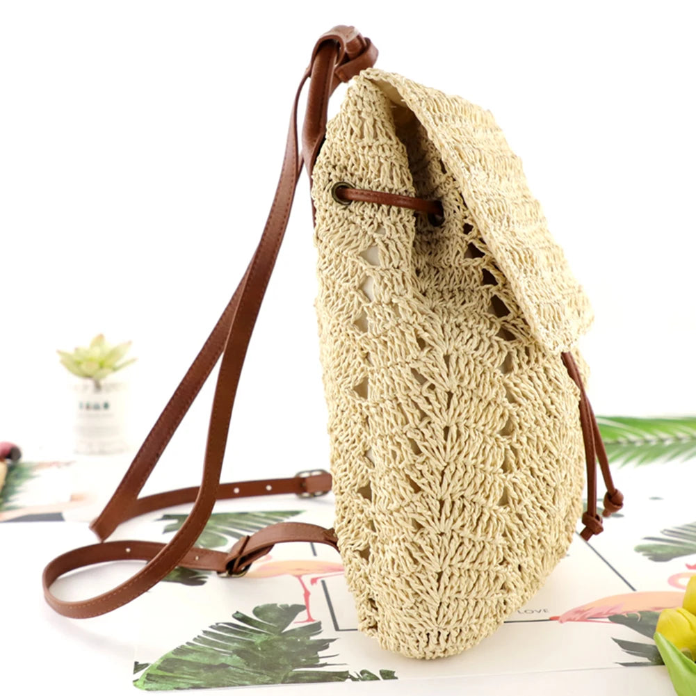 Women Straw Backpack Shoulder Messenger Bags for Summer Beach Travel