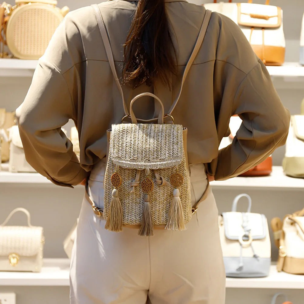 Women Straw Shoulder Backpack Messenger Bags