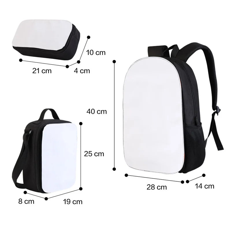 Sublimation Printing School Bag Backpack Lunch Box Pencil Bags Three Sets