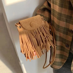 Suede Double-layer Tassel Shoulder Bag Vintage Punk Women Crossbody Purse