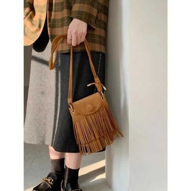 Suede Double-layer Tassel Shoulder Bag Vintage Punk Women Crossbody Purse