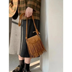 Suede Double-layer Tassel Shoulder Bag Vintage Punk Women Crossbody Purse