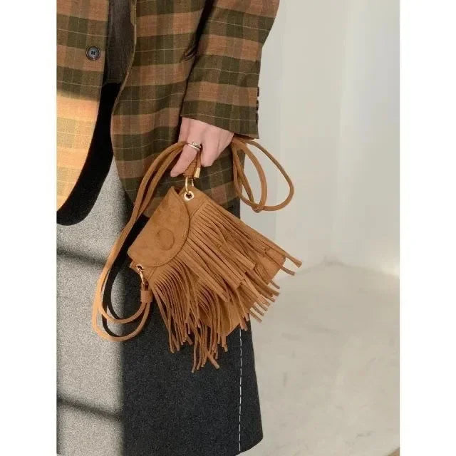 Suede Double-layer Tassel Shoulder Bag Vintage Punk Women Crossbody Purse