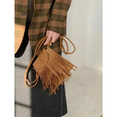 Suede Double-layer Tassel Shoulder Bag Vintage Punk Women Crossbody Purse