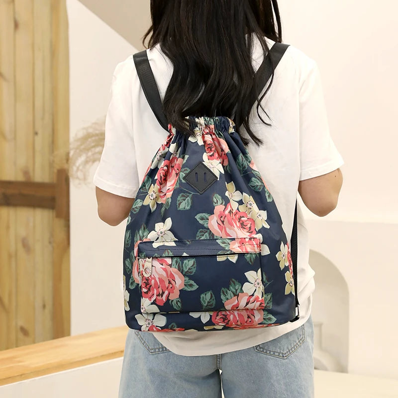 Women's Waterproof Nylon Backpack with Flower Drawstring