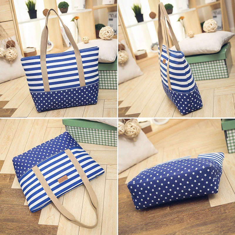 Striped Canvas Beach Bag Large Tote Shoulder Handbag Women Travel Casual SD-064