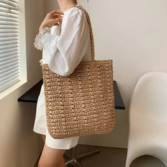 Large Capacity Straw Beach Bag Women Woven Shoulder Bag Square Tote