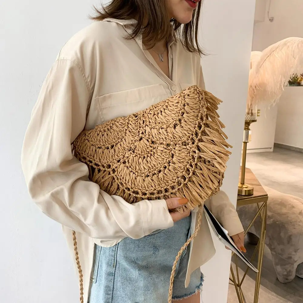 Summer Beach Vacation Women Tassels Messenger Bag Straw Rattan Weave Shoulder Cr