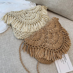 Summer Beach Vacation Women Tassels Messenger Bag Straw Rattan Weave Shoulder Cr