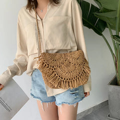 Summer Beach Vacation Women Tassels Messenger Bag Straw Rattan Weave Shoulder Cr