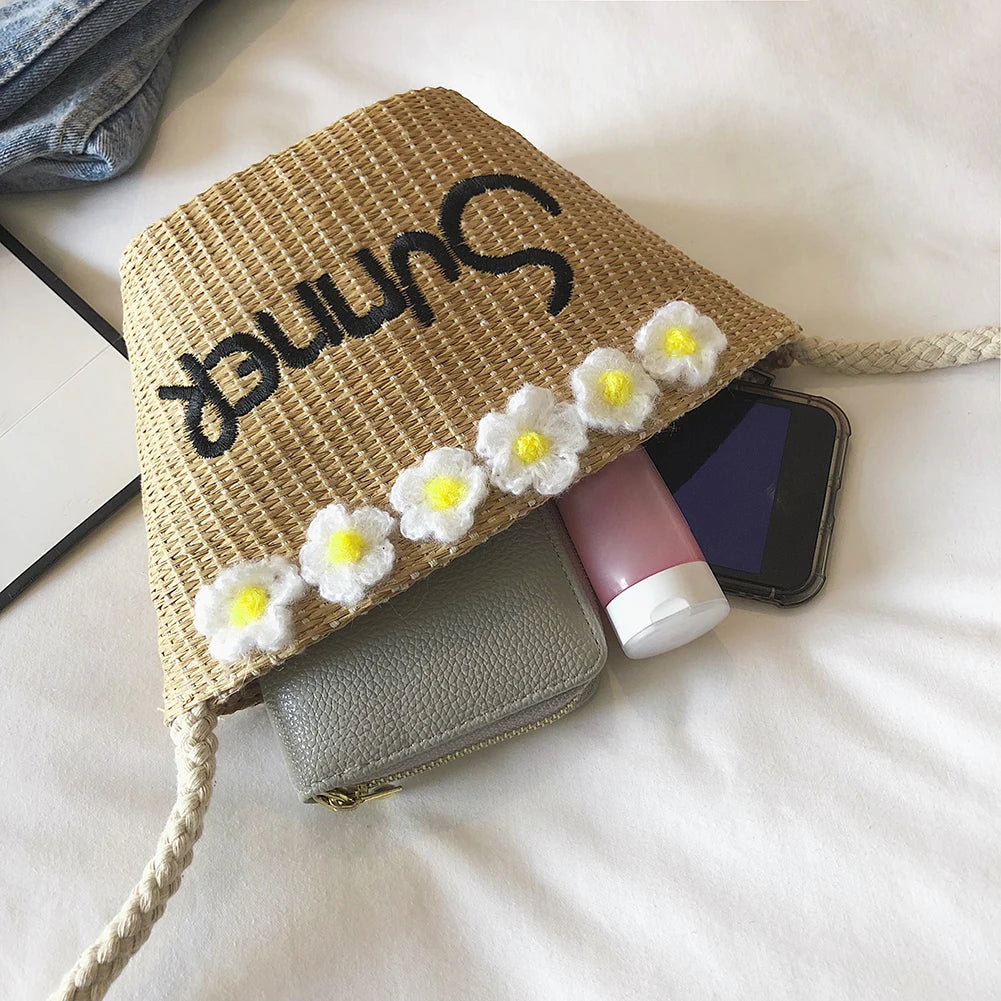 Summer Bohemia Shoulder Bags Women Beach Straw Woven Letters Embroidery Bags