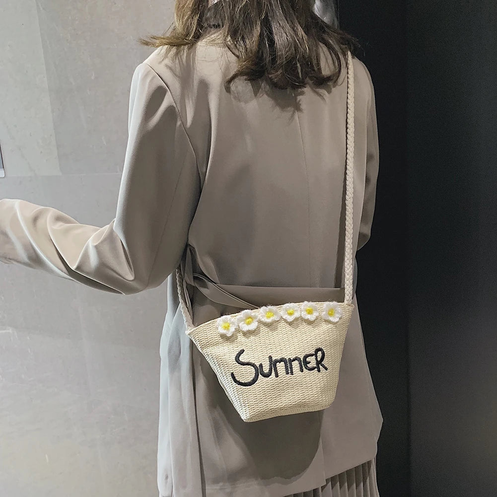 Summer Bohemia Shoulder Bags Women Beach Straw Woven Letters Embroidery Bags