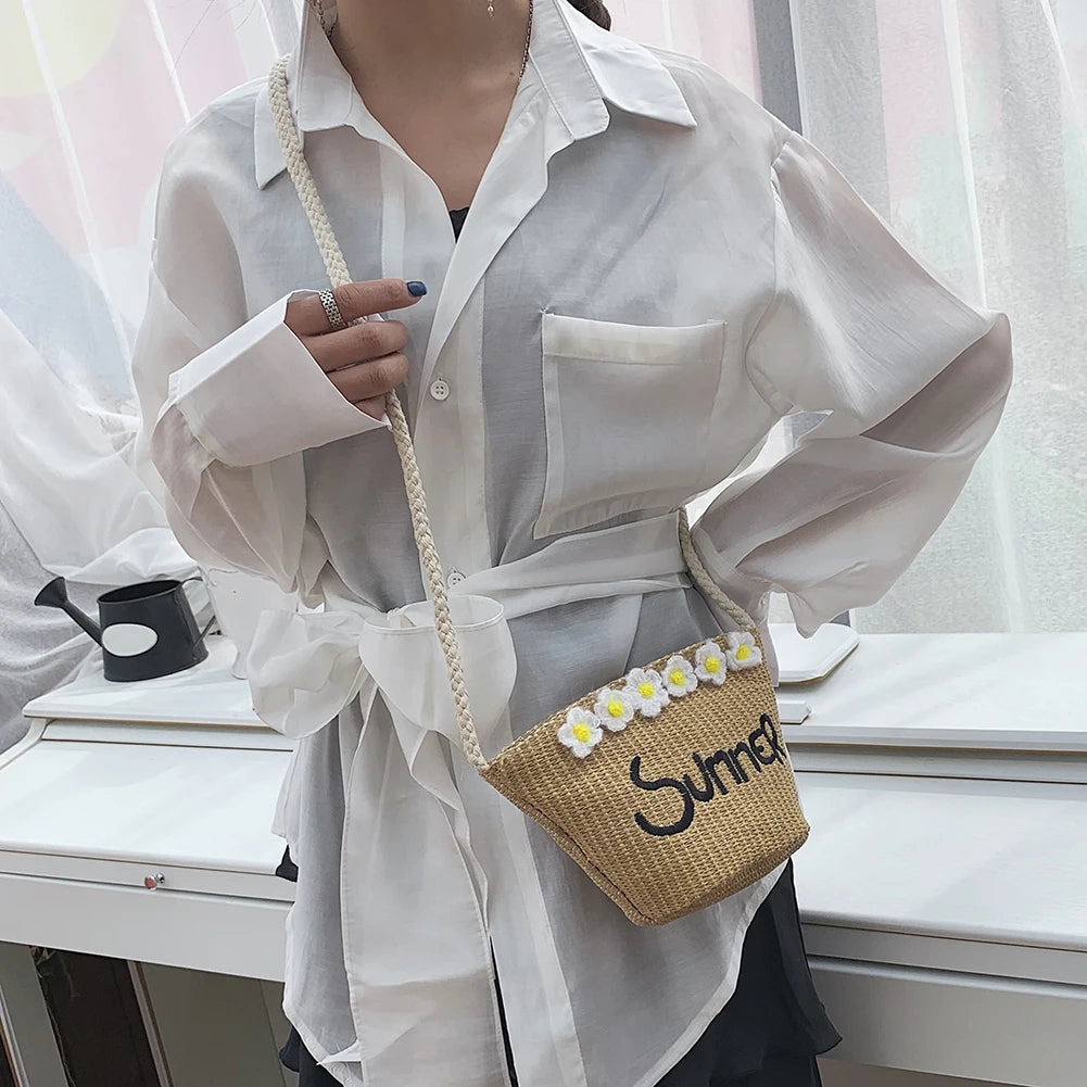 Summer Bohemia Shoulder Bags Women Beach Straw Woven Letters Embroidery Bags