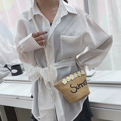 Summer Bohemia Shoulder Bags Women Beach Straw Woven Letters Embroidery Bags