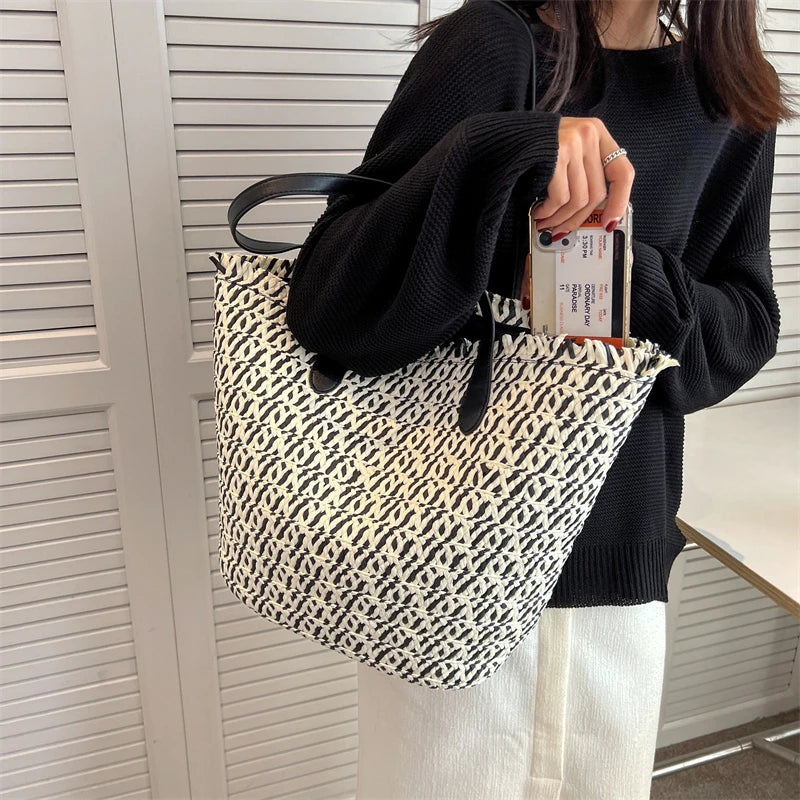Boho Straw Shoulder Bag Rattan Beach Tote Large Capacity Handbag