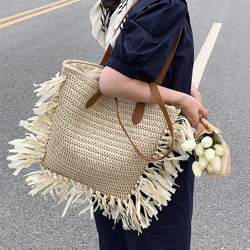 Women's Braided Tassel Shoulder Bag for Summer Travel