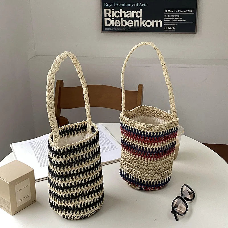 Summer Bucket Shoulder Bag Drawstring Woven Tote