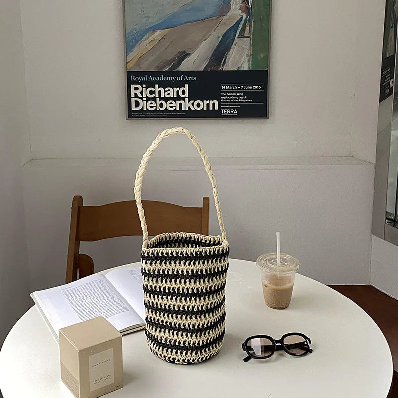 Summer Bucket Shoulder Bag Drawstring Woven Tote