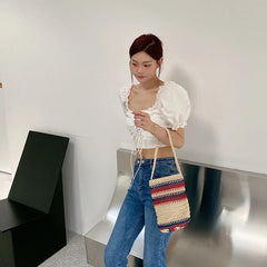 Summer Bucket Shoulder Bag Drawstring Woven Tote Stripe Handbag