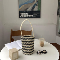 Summer Bucket Shoulder Bag Drawstring Woven Tote Stripe Handbag