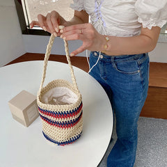 Summer Bucket Shoulder Bag Drawstring Woven Tote Stripe Handbag