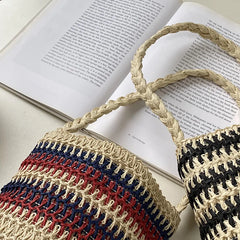 Summer Bucket Shoulder Bag Drawstring Woven Tote Stripe Handbag