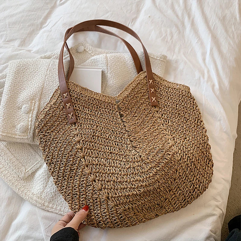 Rattan Shoulder Bag Large Straw Beach Handbag Tote Women's Summer Bucket Bags
