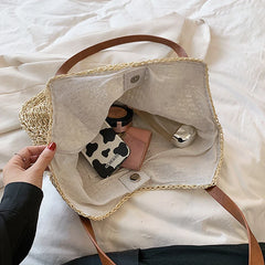 Rattan Shoulder Bag Large Straw Beach Handbag Tote Women's Summer Bucket Bags